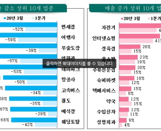 코로나19로 인한 업종별 매출액 증감 TOP10